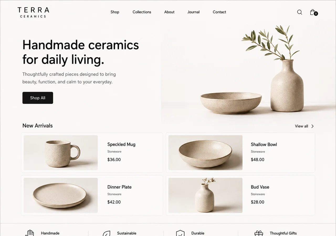 After: Awwwards-level Terra Ceramics site with professional product photography