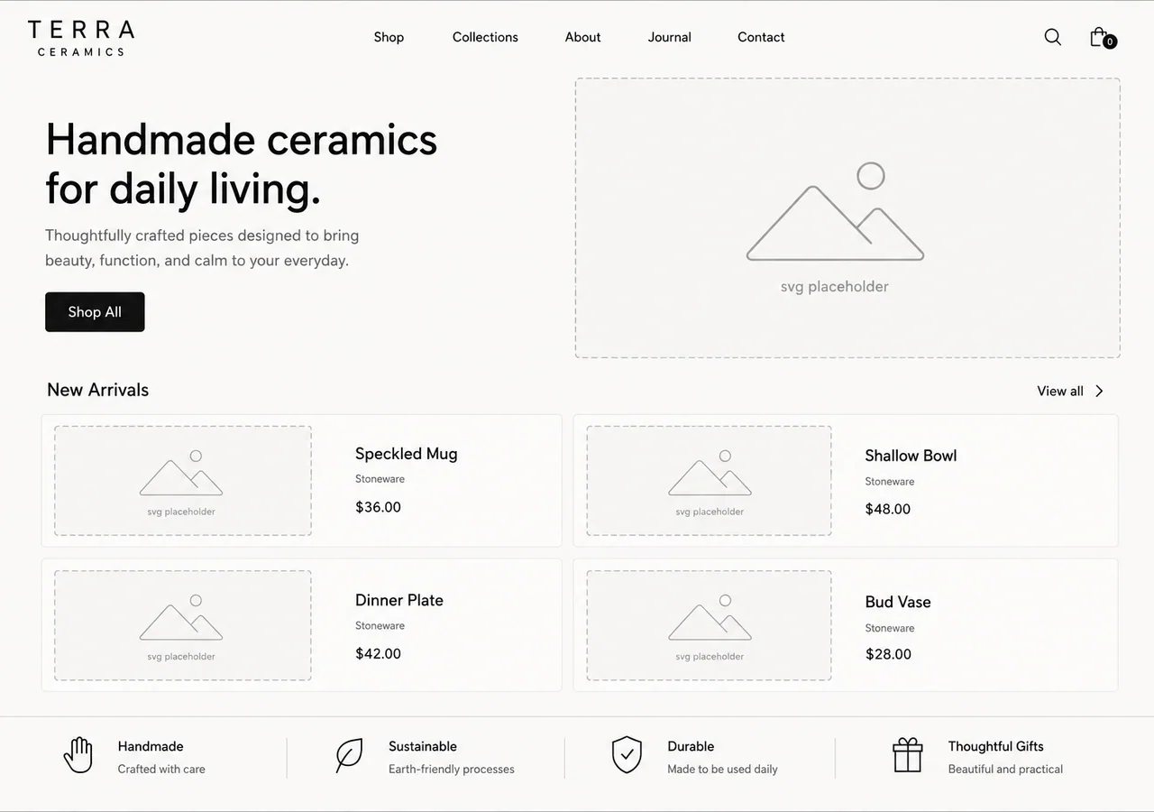 Before: same Terra Ceramics site with SVG diagram placeholders only