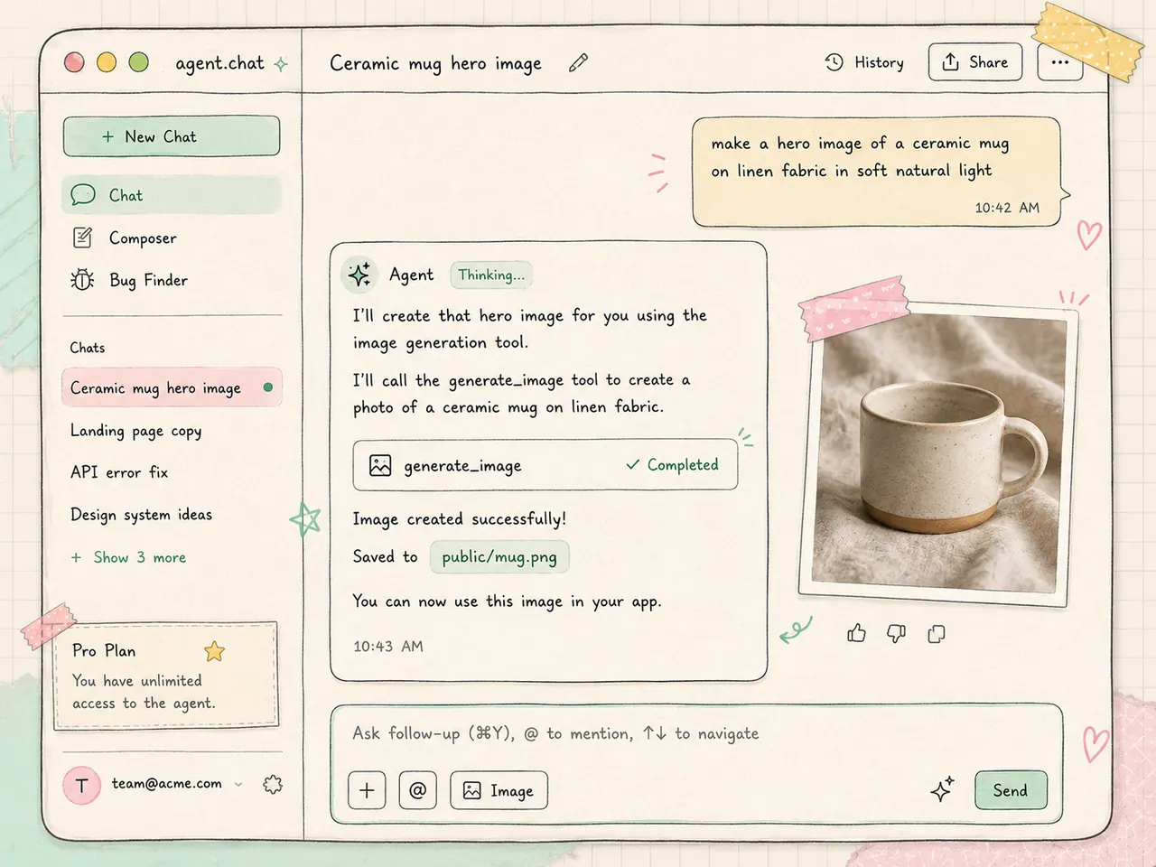 Agent chat panel where the user asks for a ceramic mug hero image and generate_image completes