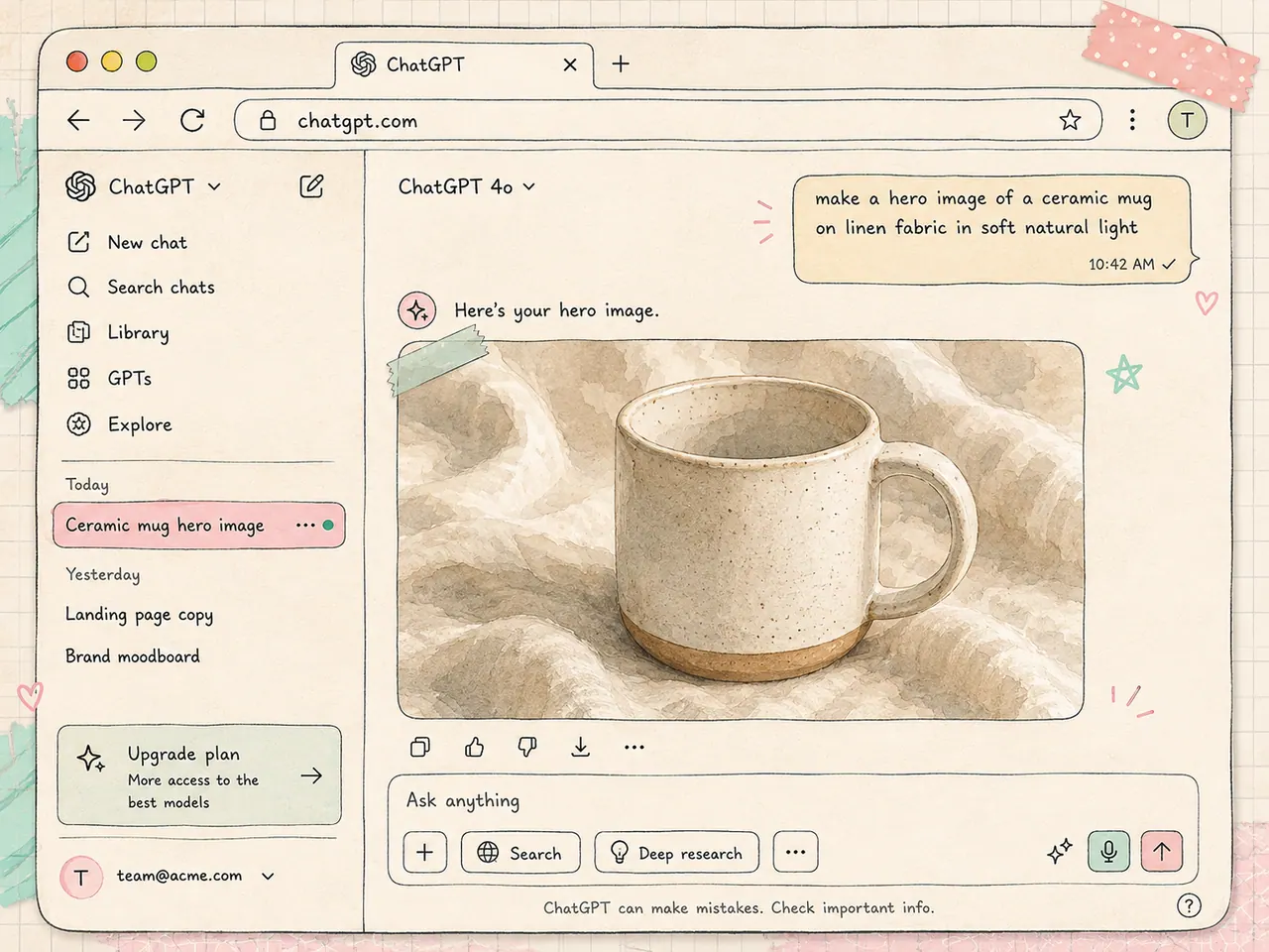 ChatGPT UI showing a generated ceramic mug product photo
