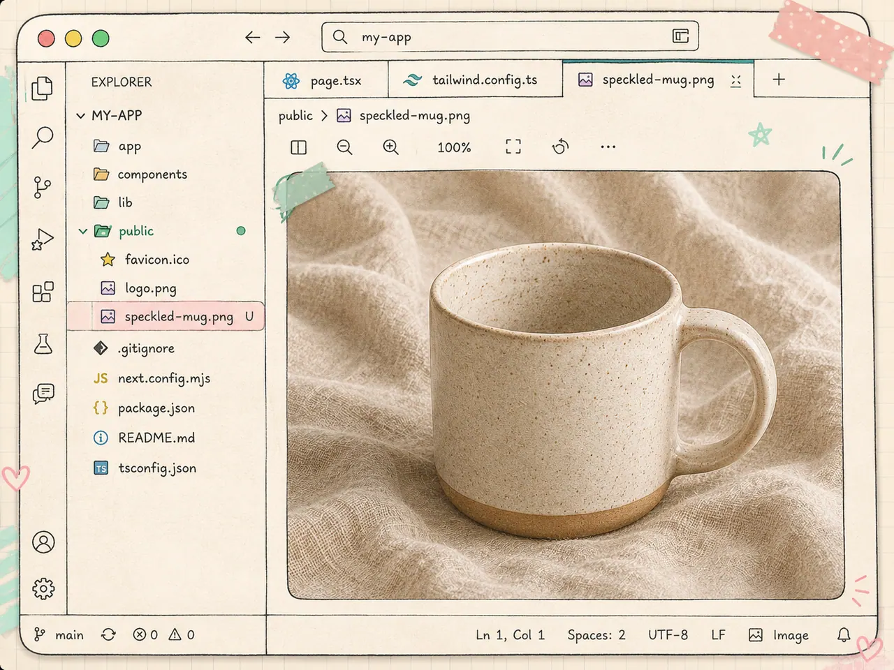 IDE file explorer with public/speckled-mug.png selected and previewed