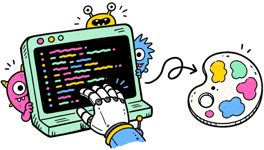 Colourful doodle terminal window with a robot hand typing commands next to a paint palette