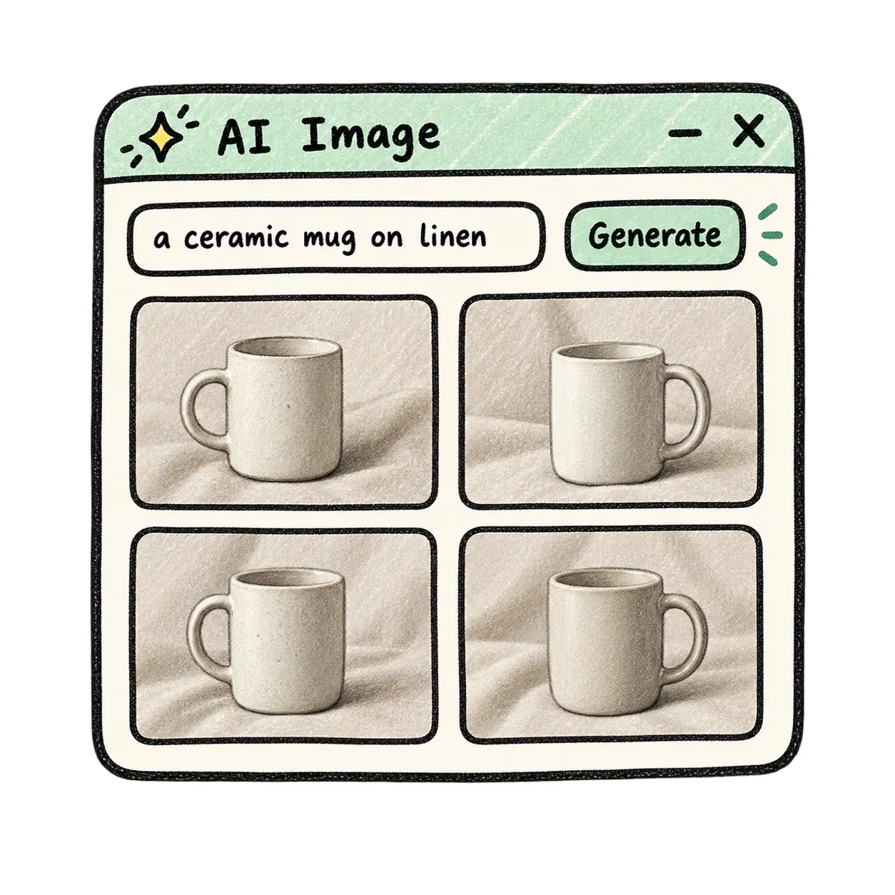 Doodle of a weak AI Image tool returning generic mug thumbnails