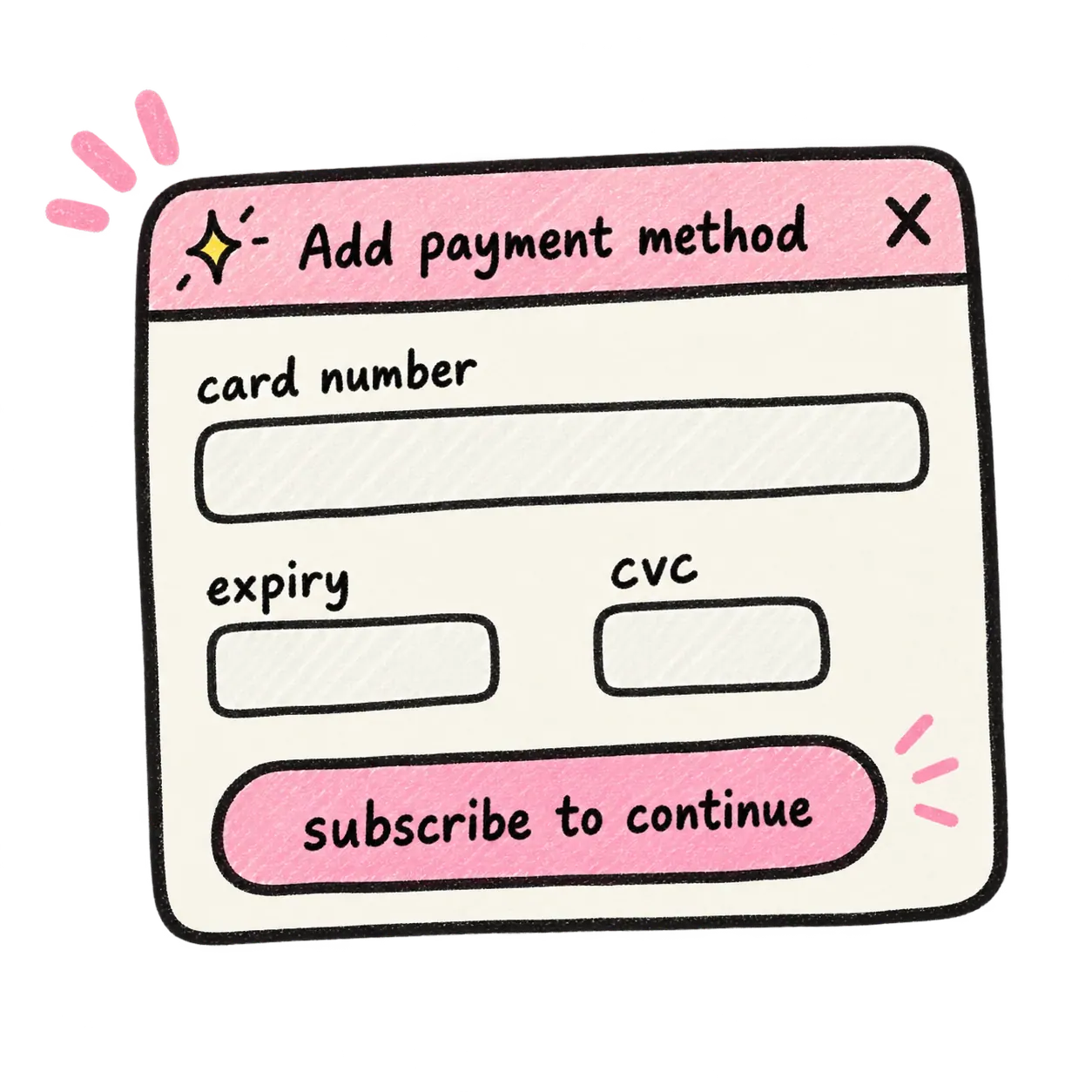 Doodle of an Add payment method dialog asking for card details