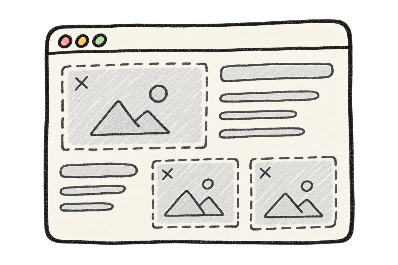 Doodle of a website wireframe full of empty image placeholders